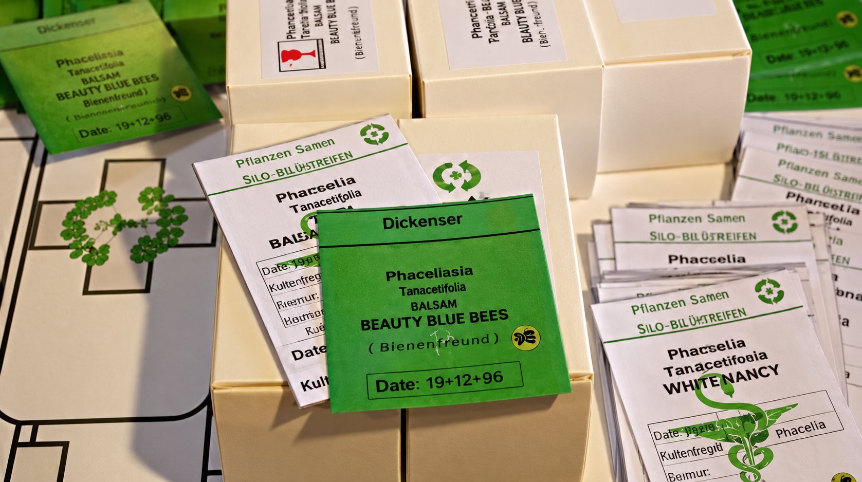 Des boîtes blanches et des étiquettes vertes et blanches ornées d'une croix verte de pharmacie sont posées sur une table.