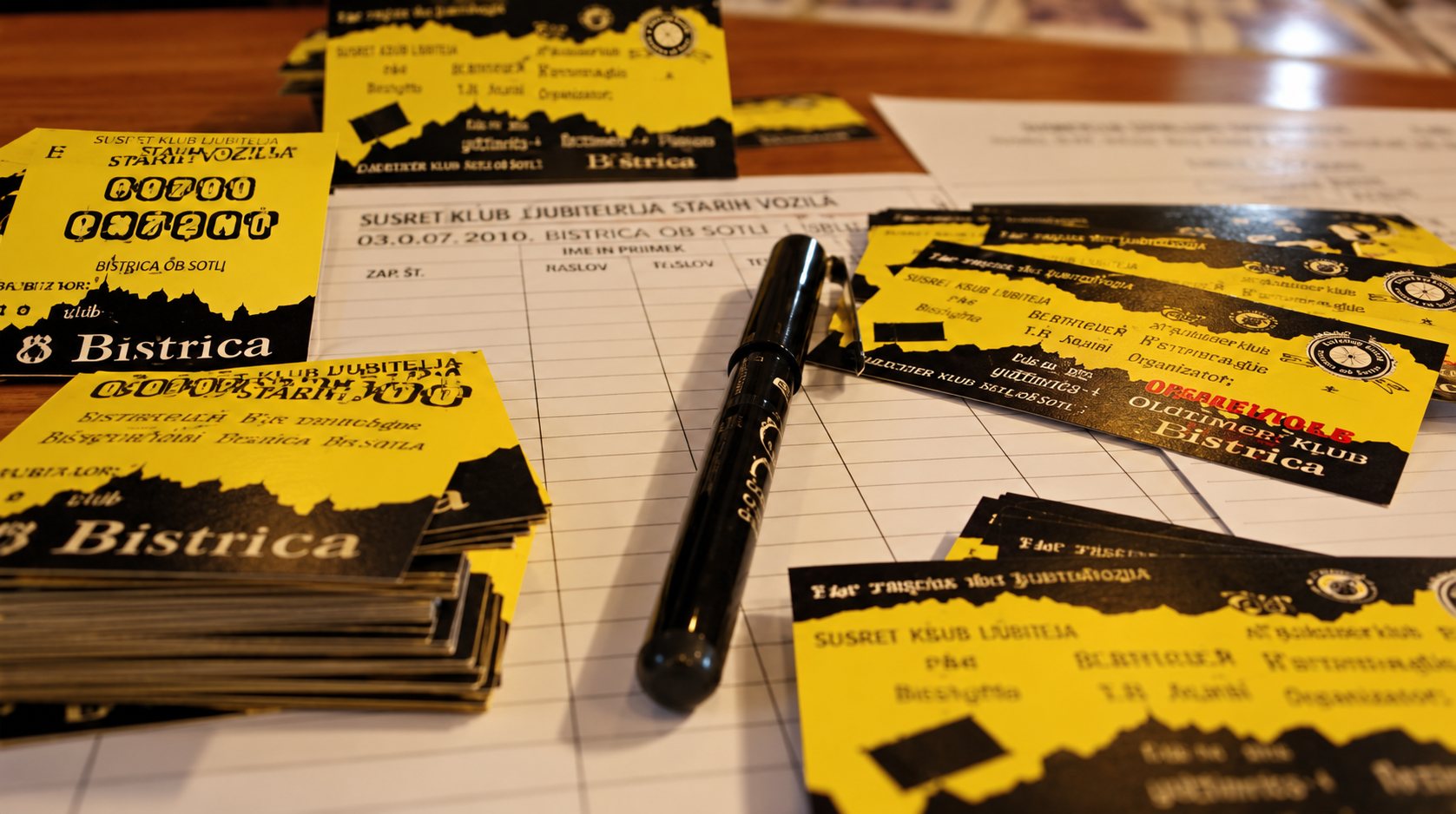 Plusieurs cartes de visite jaunes et noires sont disposées sur une table en bois, avec un stylo noir posé au milieu.