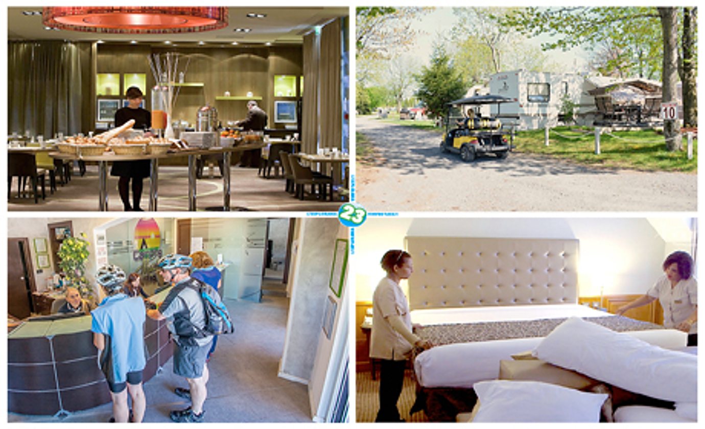 Collage de quatre photos montrant une salle de petit-déjeuner, une allée de camping avec voiturette de golf, des cyclistes à la réception et deux employées qui font un lit dans une chambre.