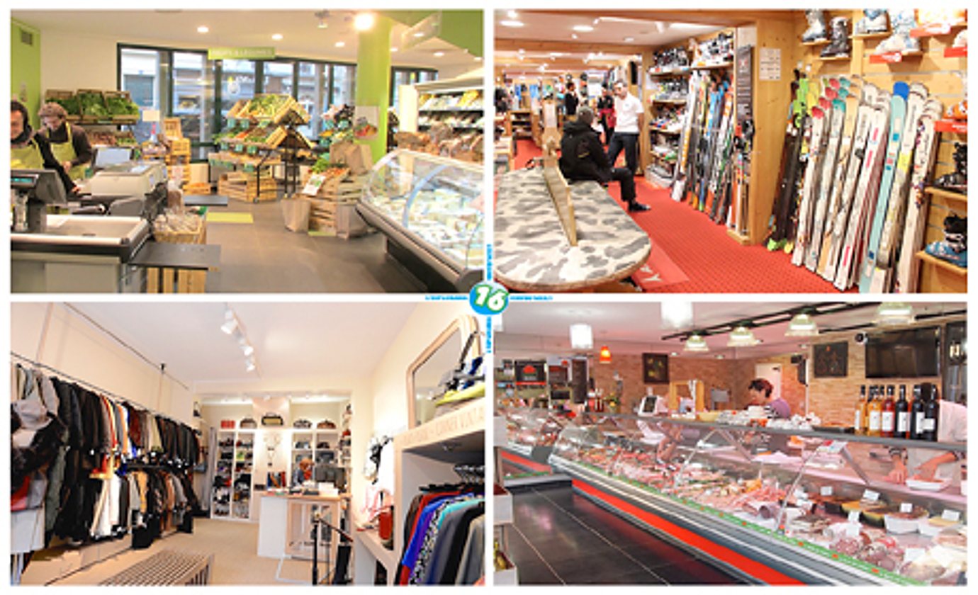 Collage de quatre photos montrant l'intérieur d'une épicerie, d'un magasin de skis, d'une boutique de vêtements et d'une boucherie avec vitrine réfrigérée.