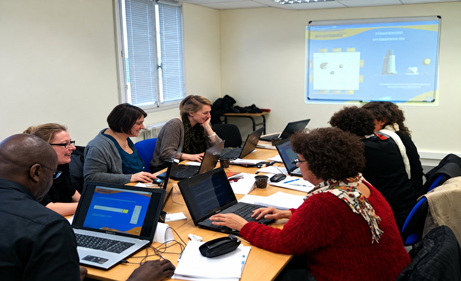 Plusieurs personnes assises autour d'une grande table travaillent sur des ordinateurs portables dans une salle de formation, avec un écran de projection au mur.