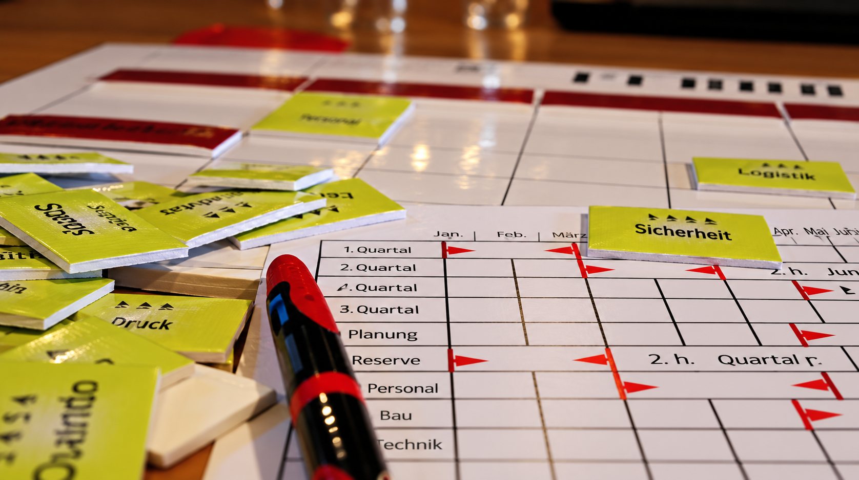 Gros plan sur un tableau de planning quadrillé posé sur une table, avec un stylo rouge et des notes adhésives jaunes éparpillées autour.